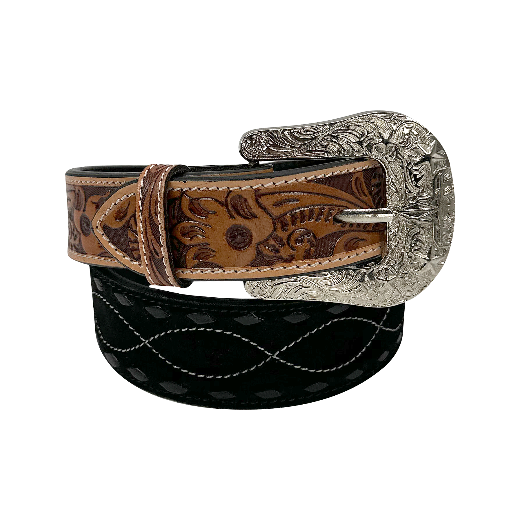 Tolled Leather Buckstitch Detail Western Belt